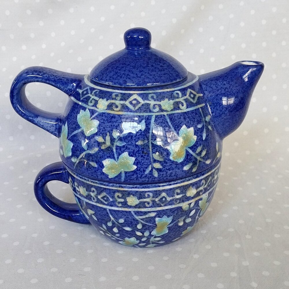 Cost Plus World Market Blue Floral One Cup Ceramic Teapot and Stackable Mug
